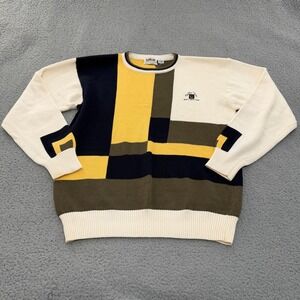 Vintage LaMode Sweater Mens Large Colorblock Hand Intarsia Cotton Golf Cream